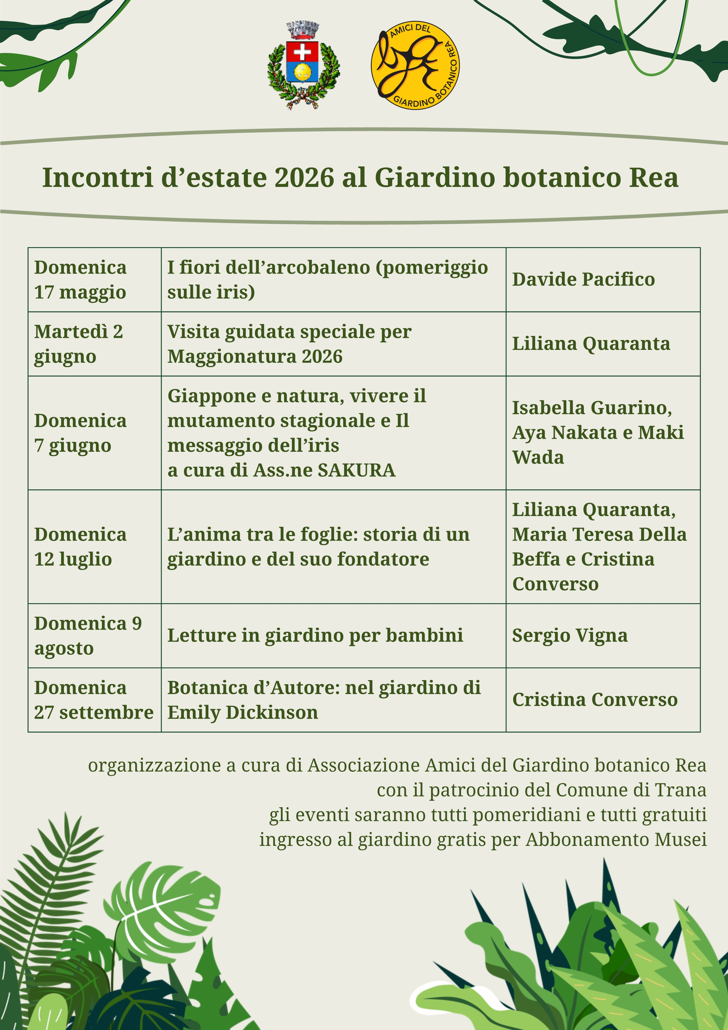 Incontri destate 2026 al Giardino botanico Rea